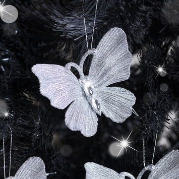 Silver Glitter Jewelled Butterfly Christmas Decorations