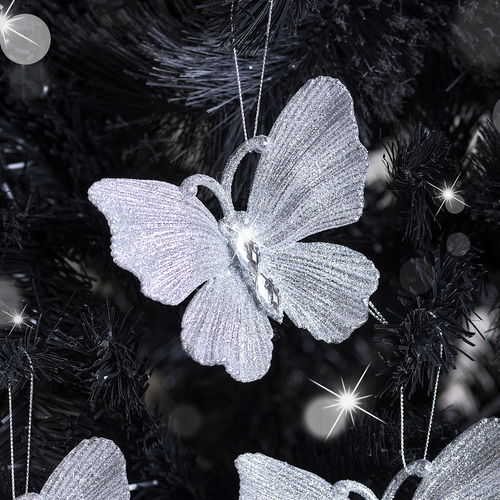 Set of 3 Silver Glitter Jewelled Butterfly Christmas Decorations - 10cm