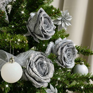 Set of 3 Silver Glitter Rose Pick Decorations