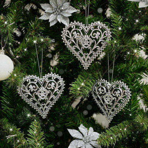 Set of 3 Silver Ornate Heart Bauble