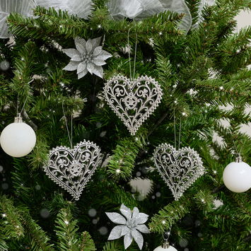 Set of 3 Silver Ornate Heart Bauble