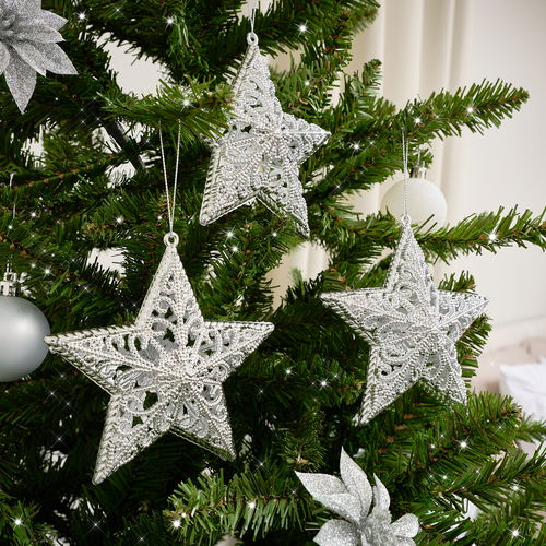 Set of 3 Silver Ornate Star Bauble