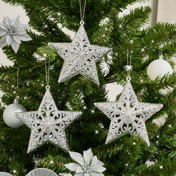 Set of 3 Silver Ornate Star Bauble