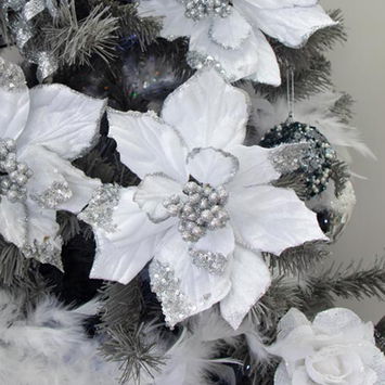 Set of 3 Silver Velvet Poinsettia Clip