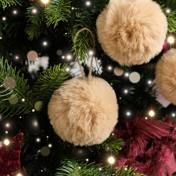 Set of 3 Small Beige Faux Fur Baubles - 7cm