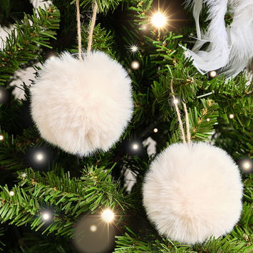 Set of 3 Small Cream Faux Fur Baubles - 7cm