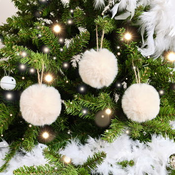 Set of 3 Small Cream Faux Fur Baubles - 7cm