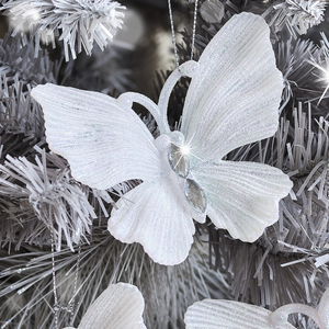 Set of 3 White Glitter Jewelled Butterfly Christmas Decorations - 10cm