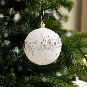 Set of 3 White Glitter Silver Jewel Baubles 