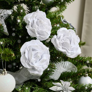 Set of 3 White Velvet Glitter Rose Clip Christmas Decoration - 10cm