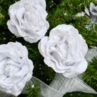 Set of 3 White Velvet Glitter Rose Clip Christmas Decoration - 10cm