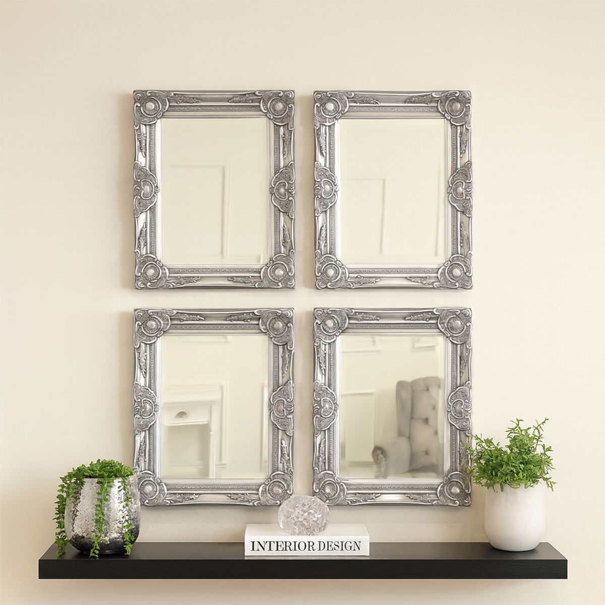 Set of 4 Ornate Silver Wall Mirrors With Bevelled Glass