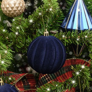 Set of 4 Round Flocked Navy Blue Twist Baubles