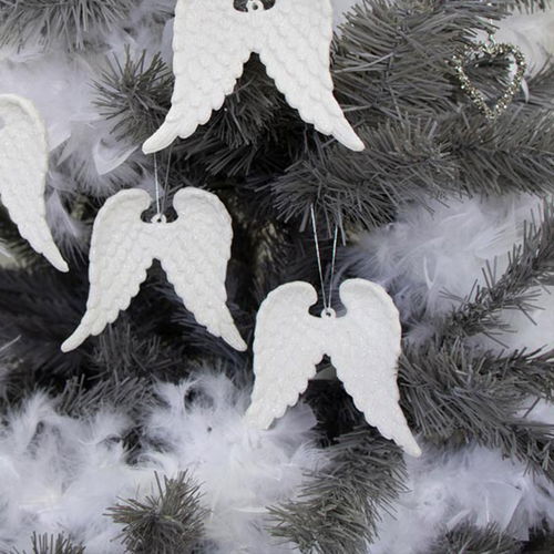 Set Of 4 White Glitter Angel Wings - 12cm