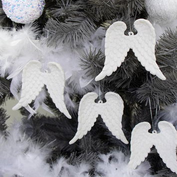 Set Of 4 White Glitter Angel Wings - 12cm