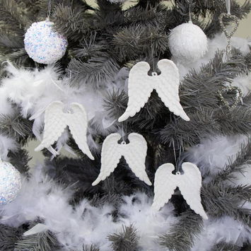 Set Of 4 White Glitter Angel Wings - 12cm