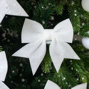 Set of 4 White Glitter Christmas Bows