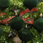 Set Of 6 Dark Green Velvet Flocked Baubles