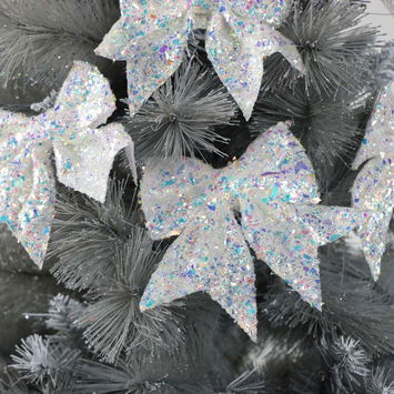 Set of 6 Iridescent White Christmas Tree Bows - 14cm