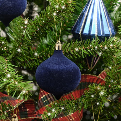 Set Of 6 Navy Blue Velvet Flocked Baubles