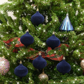 Set Of 6 Navy Blue Velvet Flocked Baubles