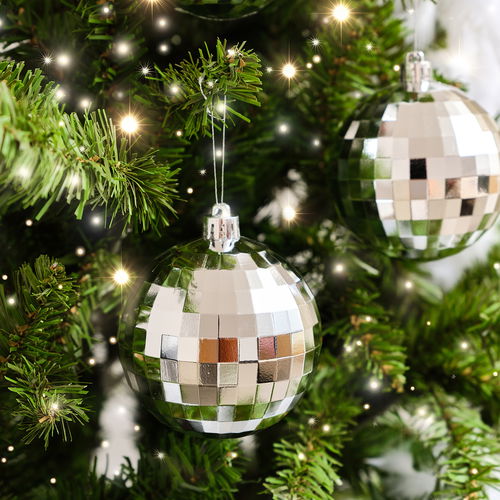 Set of 6 Silver Disco Ball Christmas Baubles - 8cm