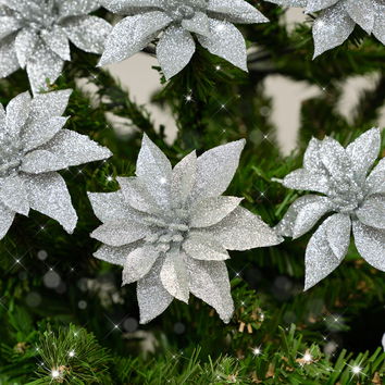 Set of 6 Silver Glitter Poinsettia Clip Christmas Decorations - 10cm