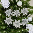 Set of 6 Silver Glitter Poinsettia Clip Christmas Decorations - 10cm