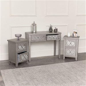 Silver Mirrored Lattice Console Table / Dressing Table & Pair of Silver Mirrored Bedside Tables - Sabrina Silver Range