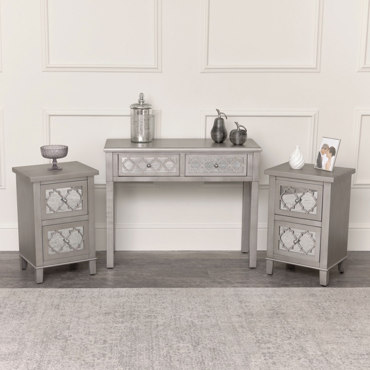 Silver Mirrored Lattice Console Table / Dressing Table & Pair of Silver Mirrored Bedside Tables