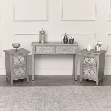 Silver Mirrored Console Table / Dressing Table & Pair of Silver Mirrored Bedside Tables - Sabrina Silver Range