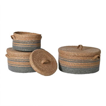 Small Brown & Grey Rope Lidded Storage Basket - 26cm