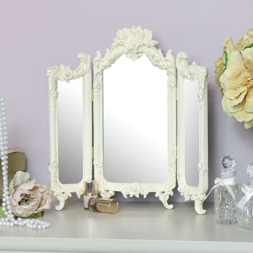 Small Ornate Cream Rose Triple Mirror  - 38cm x 38cm
