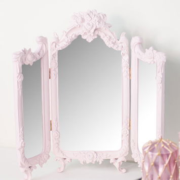 Small Pink Ornate Rose Triple Mirror - 37cm x 38cm