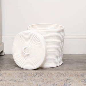 Small White Cotton Rope Lidded Storage Basket - 24cm