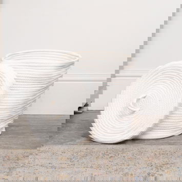Small White Cotton Rope Lidded Storage Basket - 24cm