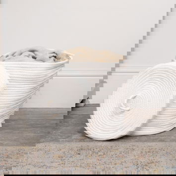 Small White Cotton Rope Lidded Storage Basket - 24cm