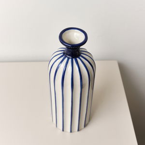 Tall Hand Painted Blue and White Striped Ceramic Vase - 27cm