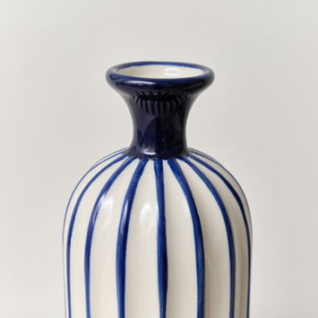 Tall Hand Painted Blue and White Striped Ceramic Vase - 27cm