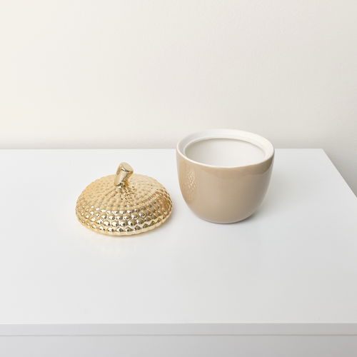 Taupe and Gold Ceramic Acorn Lidded Jar