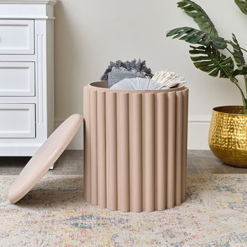 Taupe Wooden Fluted Storage Stool / Side Table