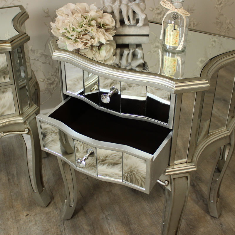 Pair of Mirrored Bedside Tables Tiffany Range Melody Maison