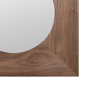 Walnut Wooden Square Framed Round Wall Mirror - 115cm