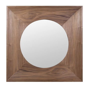 Walnut Wooden Square Framed Round Wall Mirror - 115cm