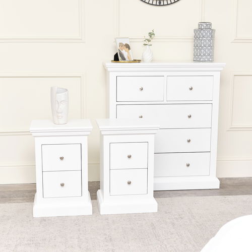 White 5 Drawer Chest of Drawers & Pair of 2 Drawer Bedside Tables - Slimline Haxey White Range