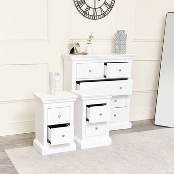 White 5 Drawer Chest of Drawers & Pair of 2 Drawer Bedside Tables - Slimline Haxey White Range