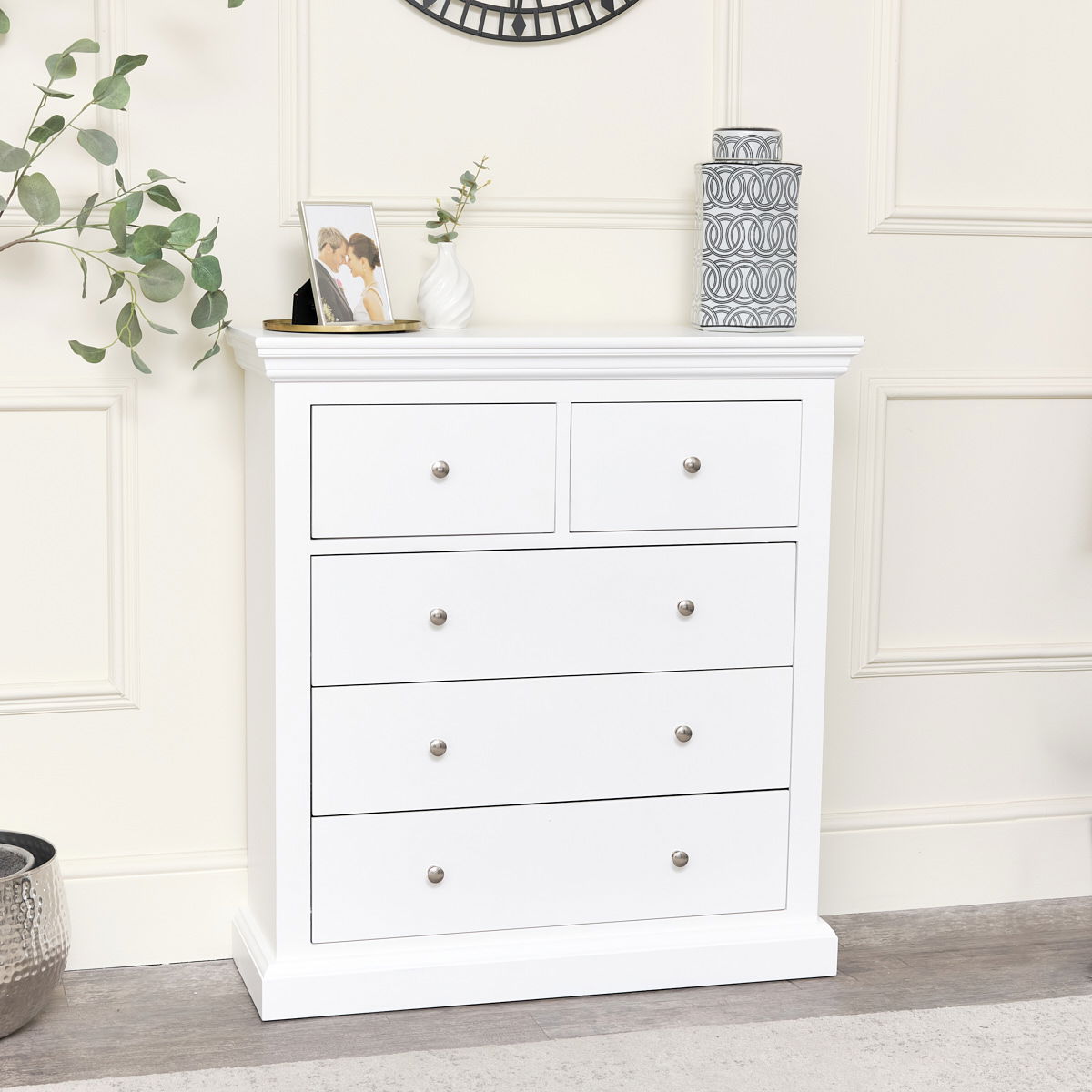 White 5 Drawer Chest of Drawers - Slimline Haxey White Range | Melody ...