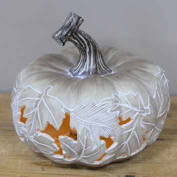 White and Orange Leaf Pattern Pumpkin Ornament