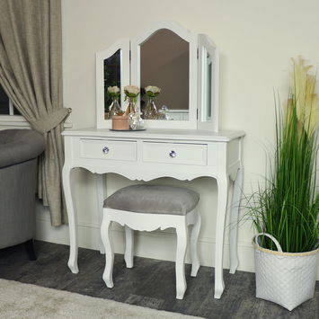 White Dressing Table, Mirror, Stool & Pair Bedside Tables - Victoria...