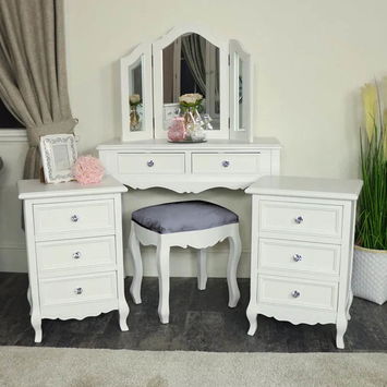 White Dressing Table, Mirror, Stool & Pair Bedside Tables - Victoria...